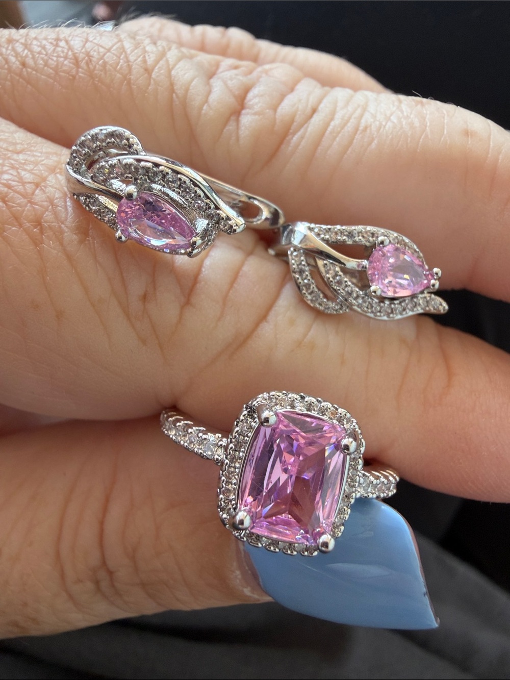 Elegant Pink Crystal Halo Ring and Matching Earrings Set
